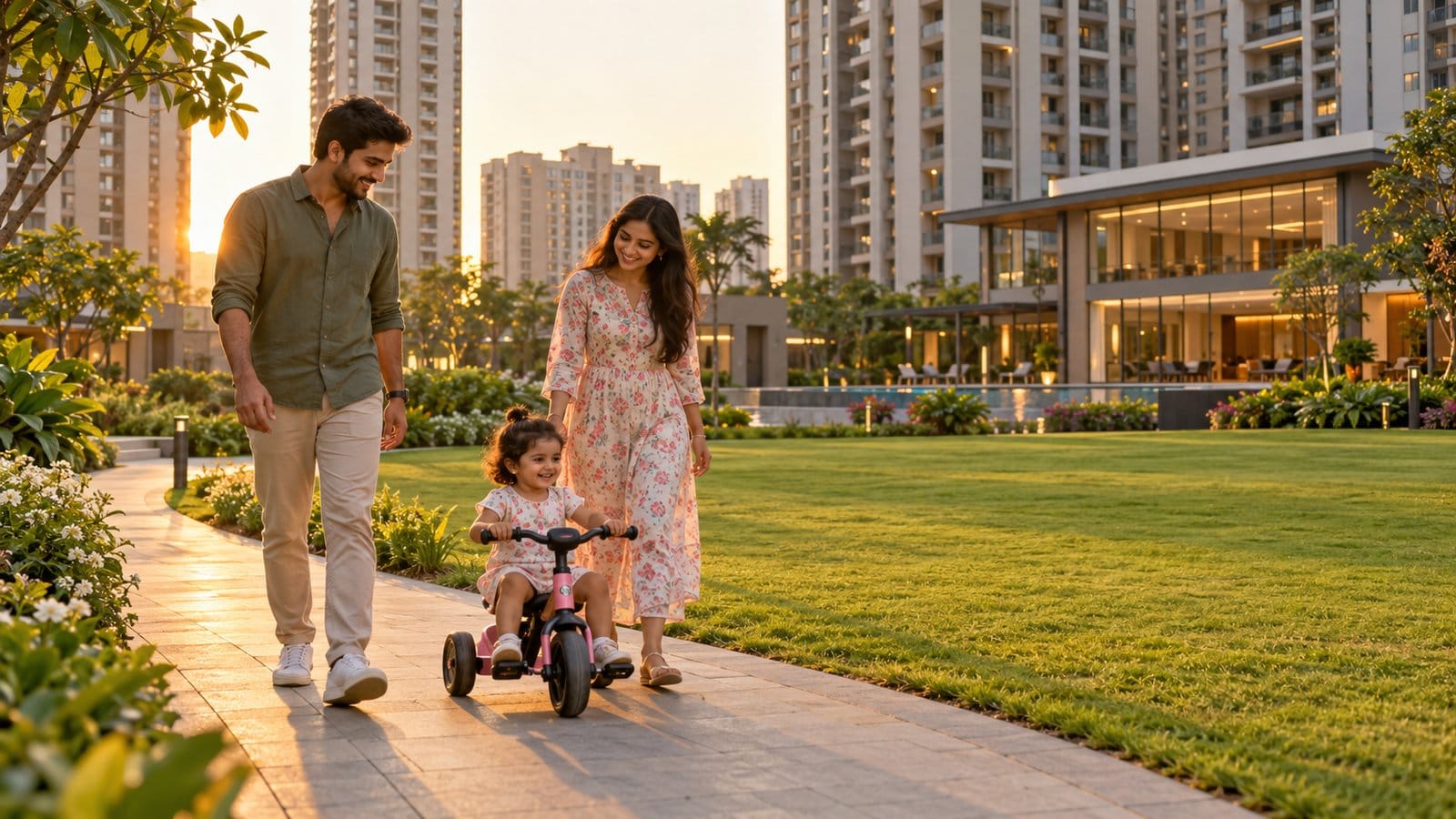 A young family walks on a society lawn with a toddler on a tricycle, towers behind