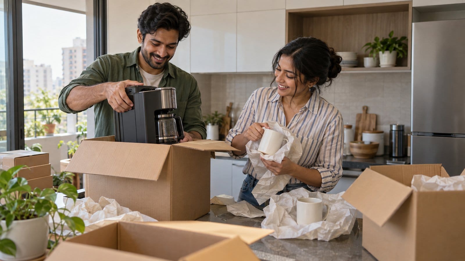 A young couple unpacks a coffee machine and mugs in the bright kitchen of a new flat