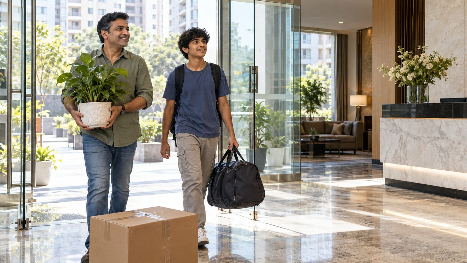 A father and teenage son carry a potted plant and a bag into a residential tower lobby on moving day