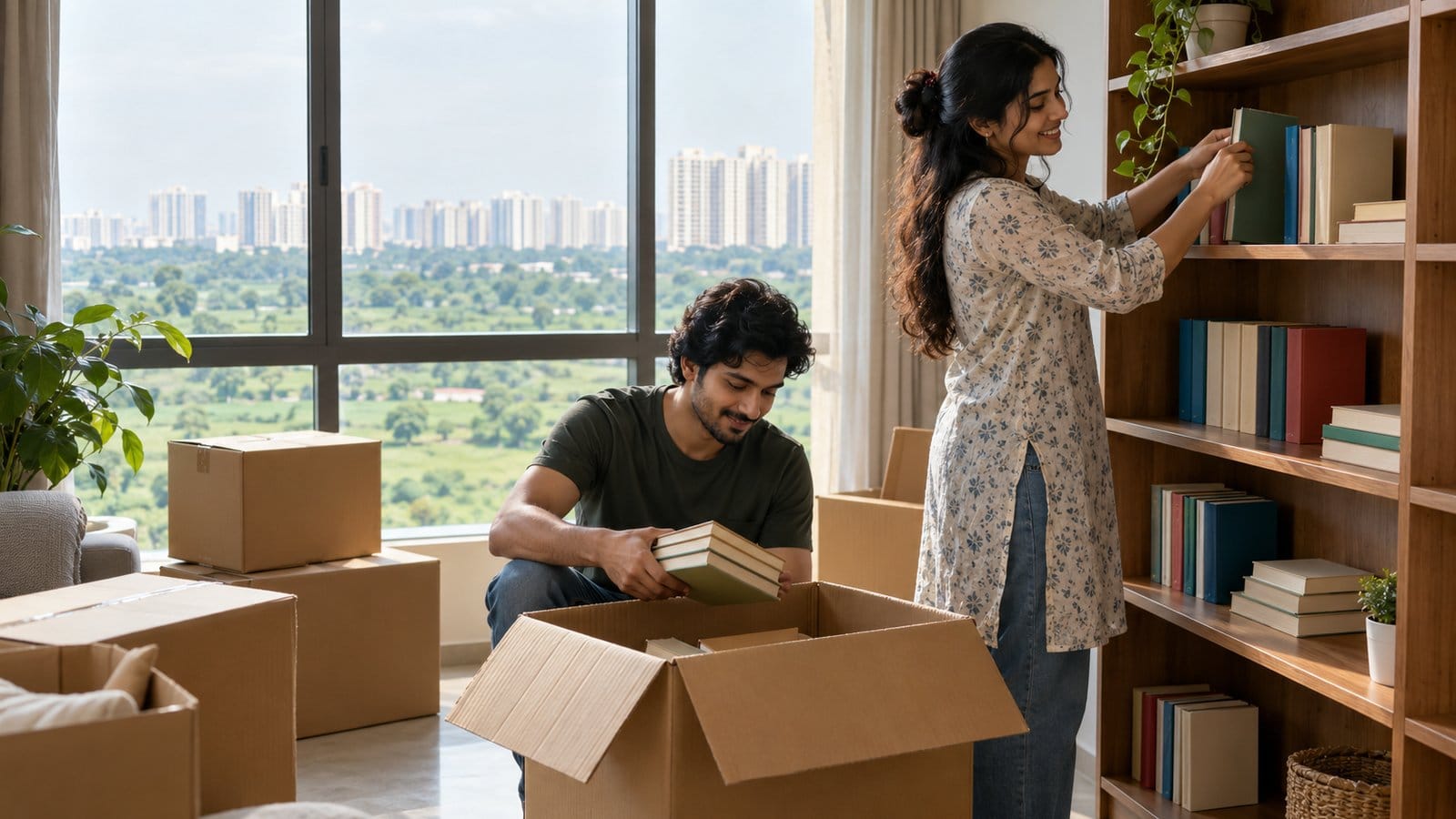 A couple unpacks books onto shelves in a bright new flat overlooking open fields and distant towers