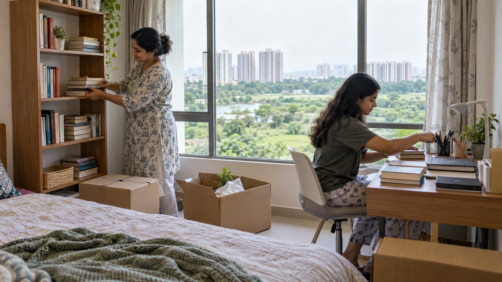 A mother helps her teenage daughter set up a study desk in a new bedroom with a view of open land