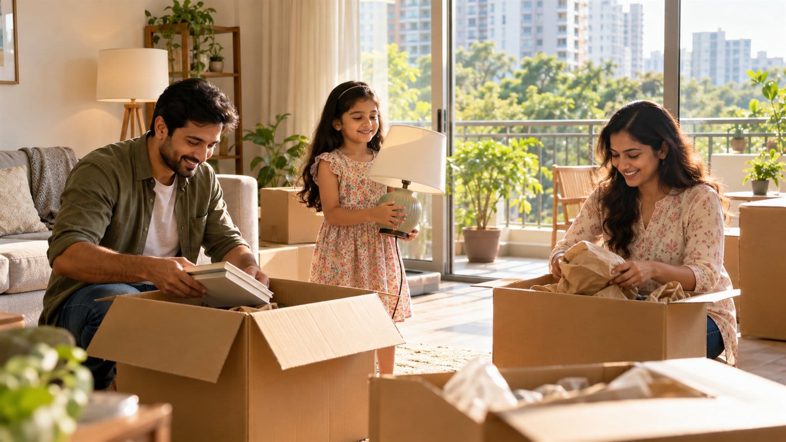 A family unpacking cartons in a bright new flat, the child holding a lamp