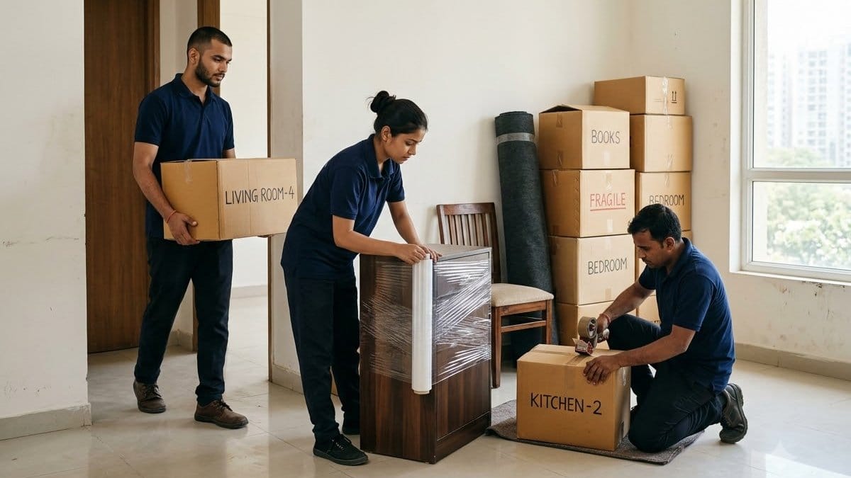 Three movers in navy shirts in an empty flat: one carries a carton marked Living Room, one wraps a cabinet in stretch film, one tapes a Kitchen carton