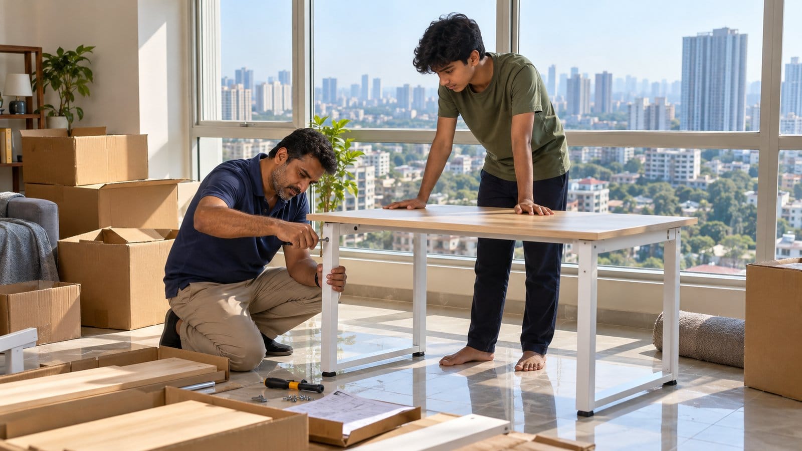 A father and teenage son assemble a desk in a new high-floor flat with a wide city view