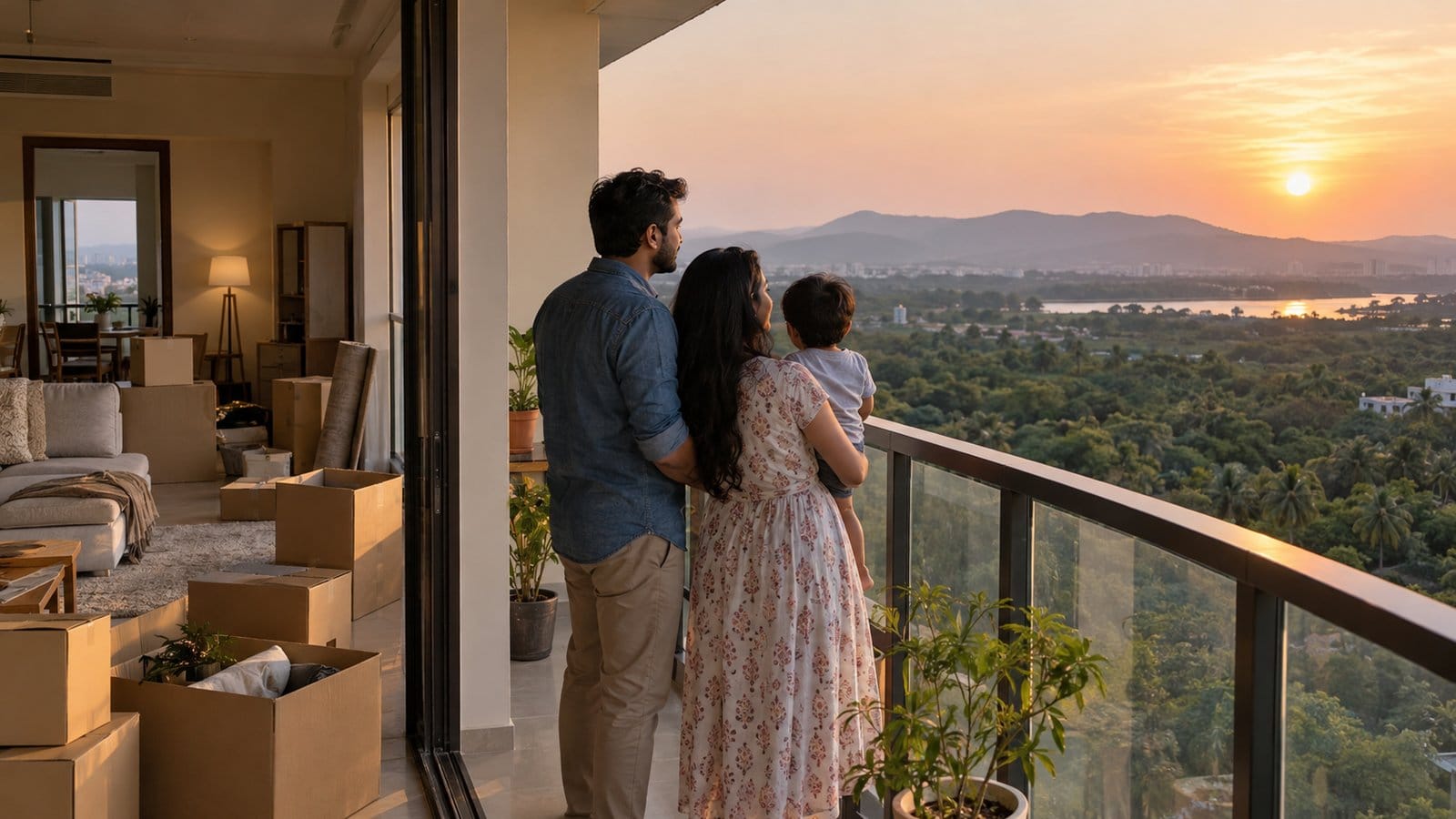 A family on the balcony of a new high-rise flat at sunset looks out over a green belt and hills