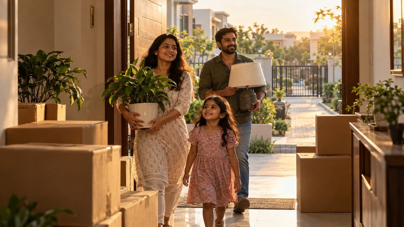 A family carries a potted plant and a lamp into their new home in a gated community at golden hour