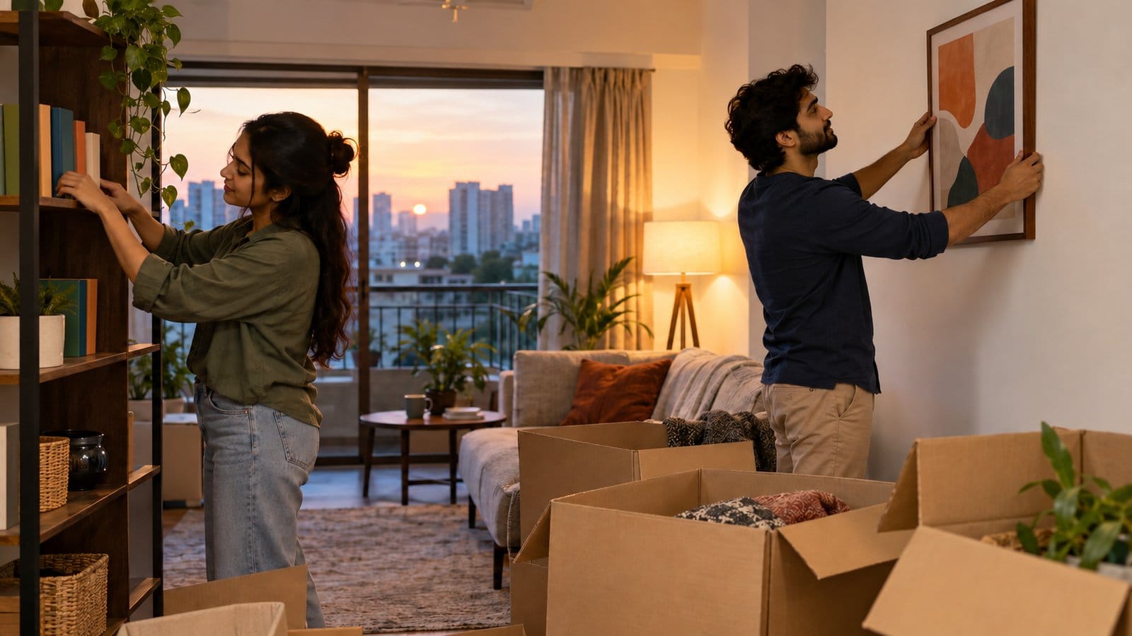 A young couple hangs a picture and arranges books in a newly rented flat among opened cartons