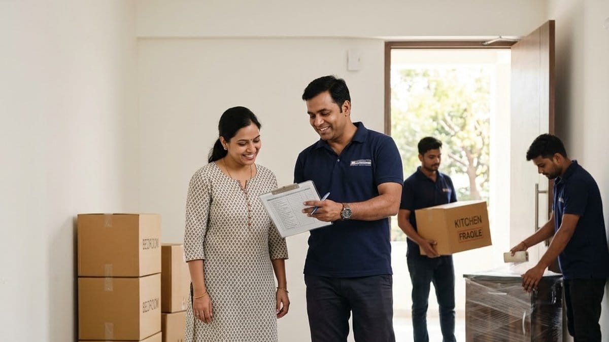 A moving supervisor with a clipboard goes over a checklist with a smiling woman in an empty flat while two movers carry and wrap boxes