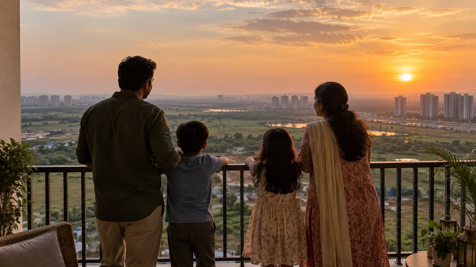 A family of four looks out from a high-rise balcony over open land and distant towers at sunset