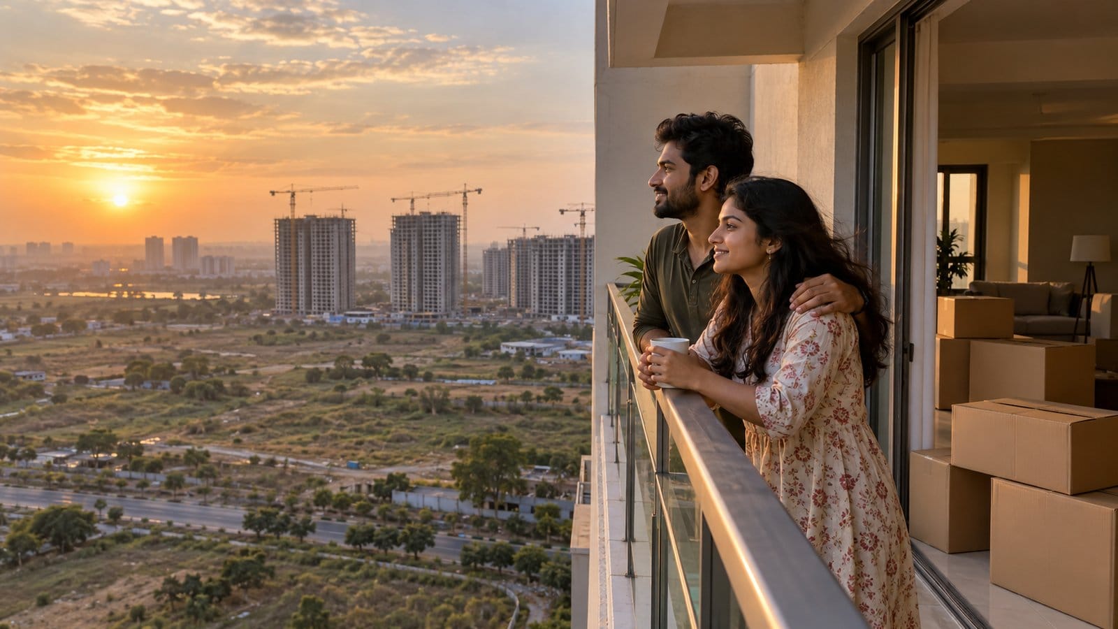 A couple on the balcony of a new high-rise flat looks out at open land and towers under construction