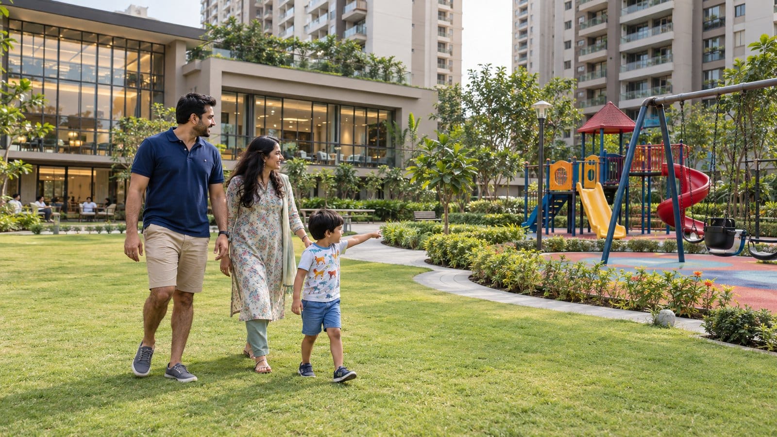 A couple and their son explore the lawn and play area of a new gated society