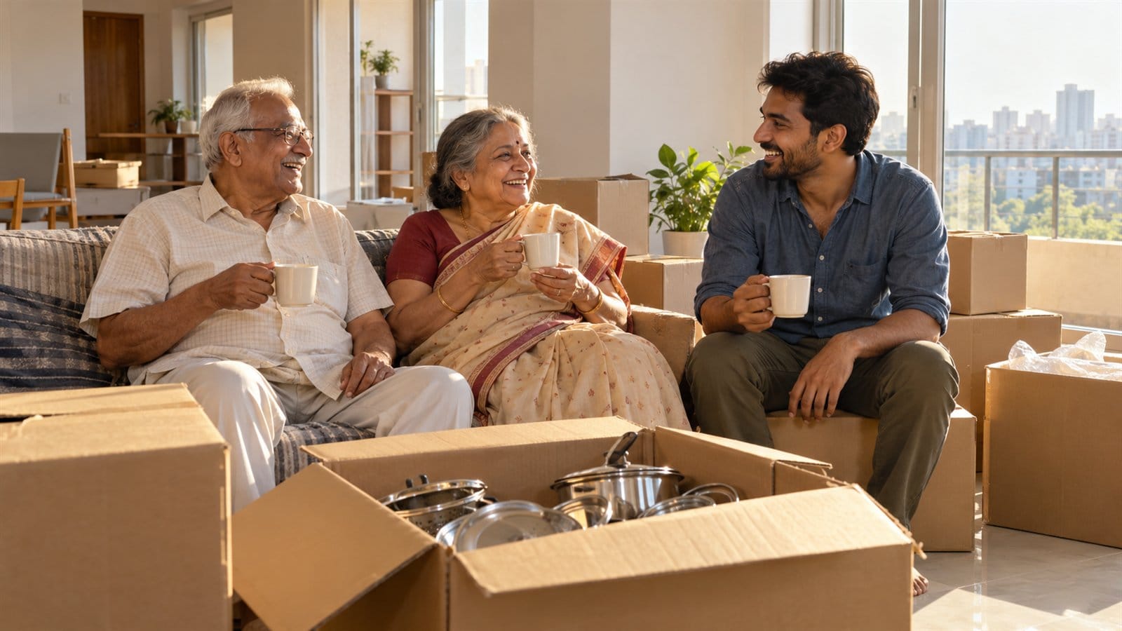 An elderly couple and their son share tea among half-unpacked cartons in a bright new flat