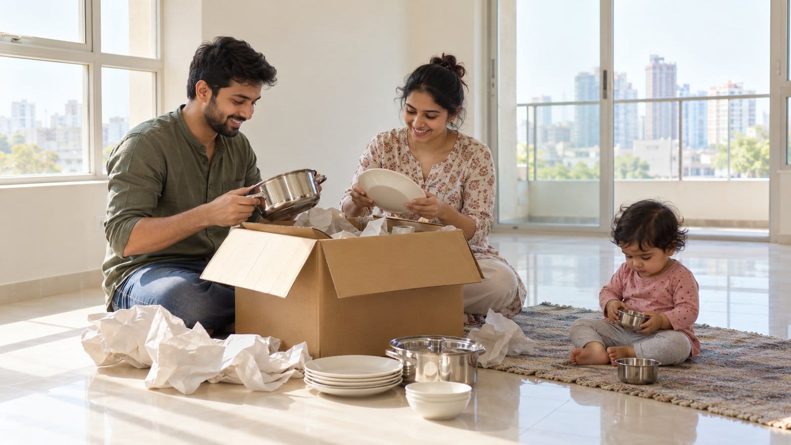 A young couple unpacks kitchen utensils from a carton in a bright new apartment while their toddler plays
