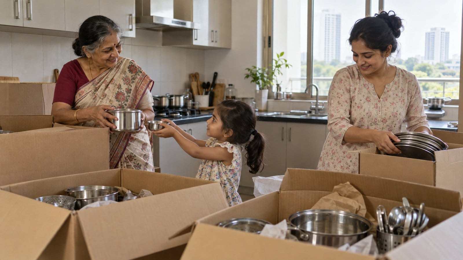 A grandmother, a mother and a child unpack kitchen utensils from cartons in a new apartment kitchen