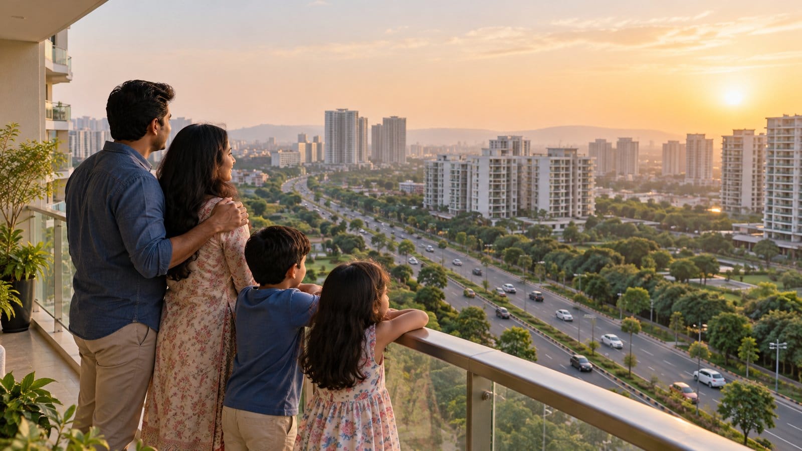 A family on a high-rise balcony looks out over a wide road lined with residential towers at sunset