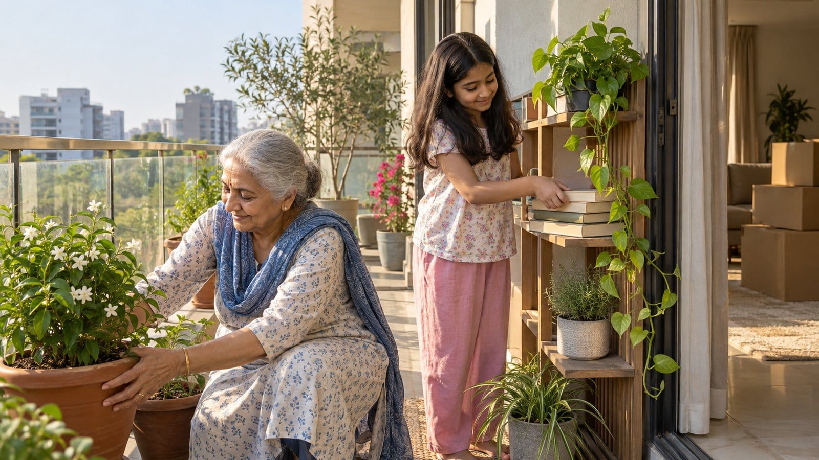 A grandmother and granddaughter arrange plants and books on the balcony of a newly occupied home