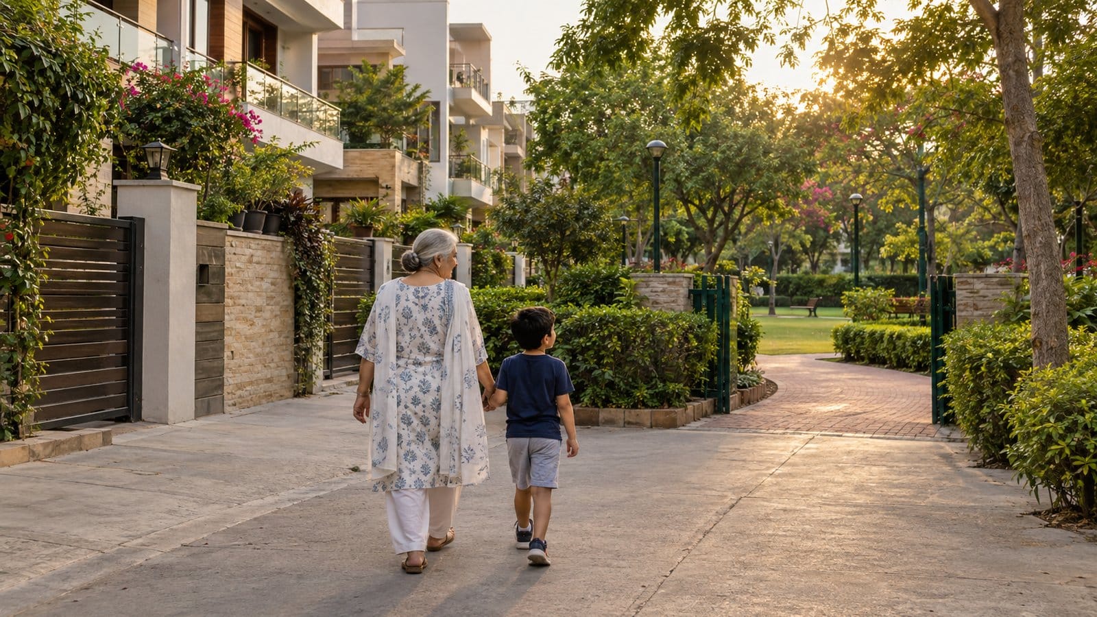 A grandmother and grandson walk to a park past builder-floor houses on a pleasant evening