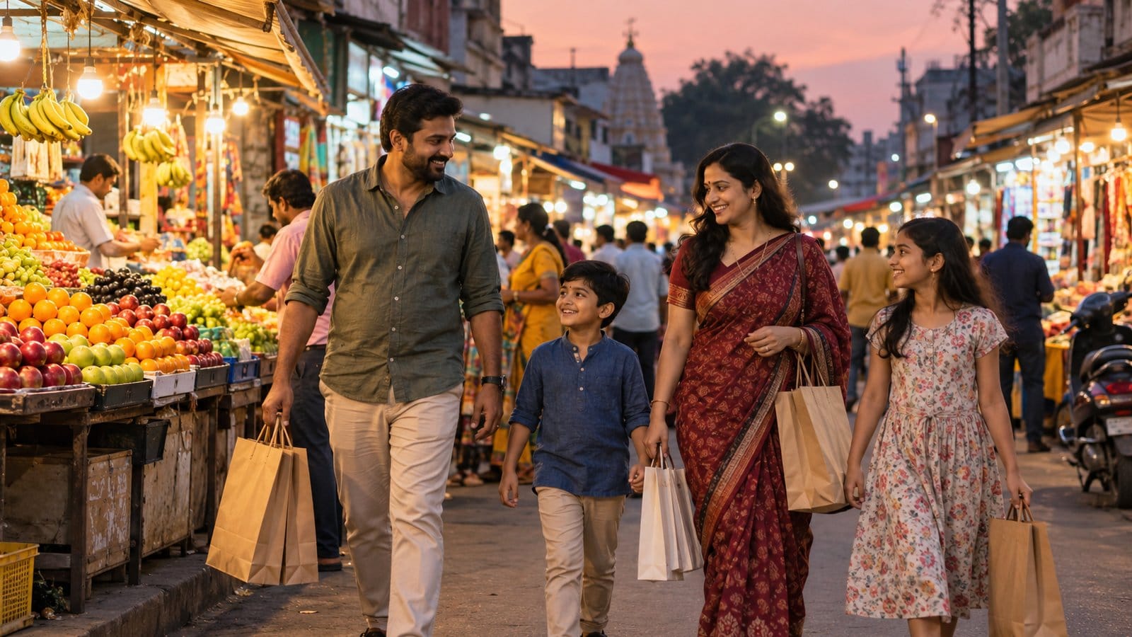A family with shopping bags walks through an evening market street lined with fruit stalls