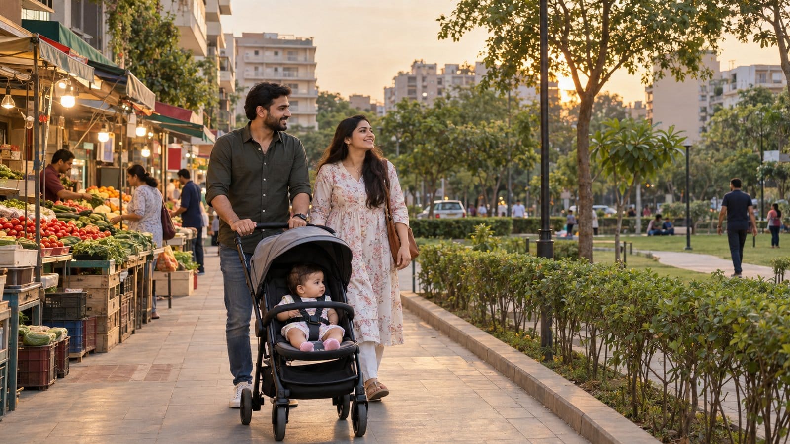 A young family with a pram walks past a neighbourhood market on their first evening in a new area