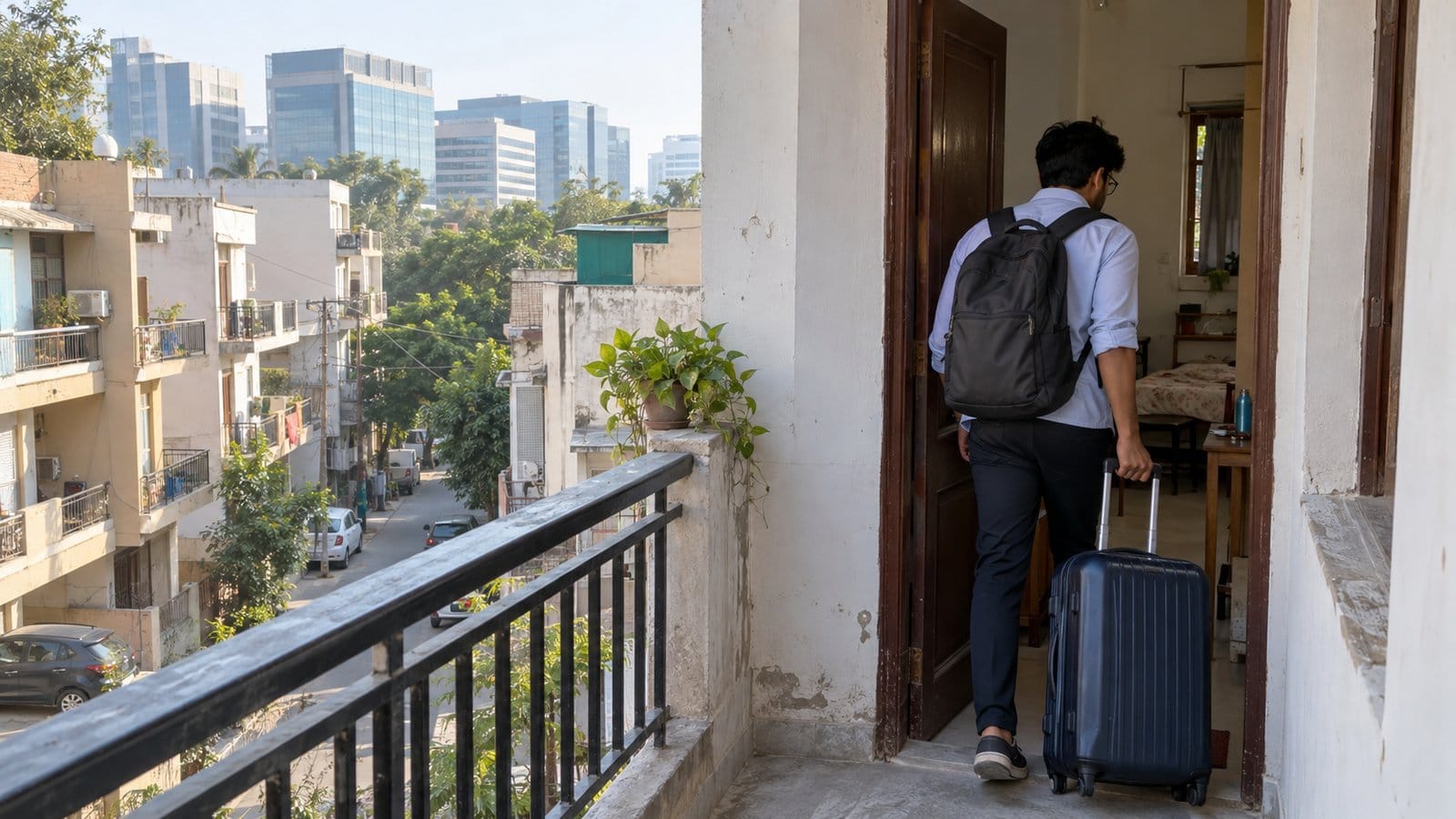 A young professional carries a backpack and suitcase into a small rented flat near office blocks