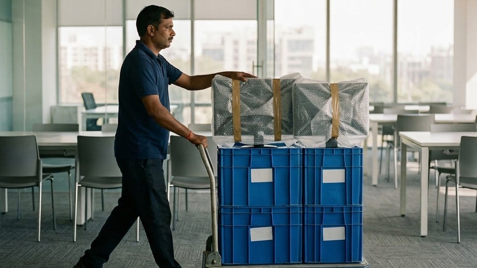 A mover pushing a hand trolley stacked with blue plastic crates and two bubble-wrapped monitors through an empty open-plan room