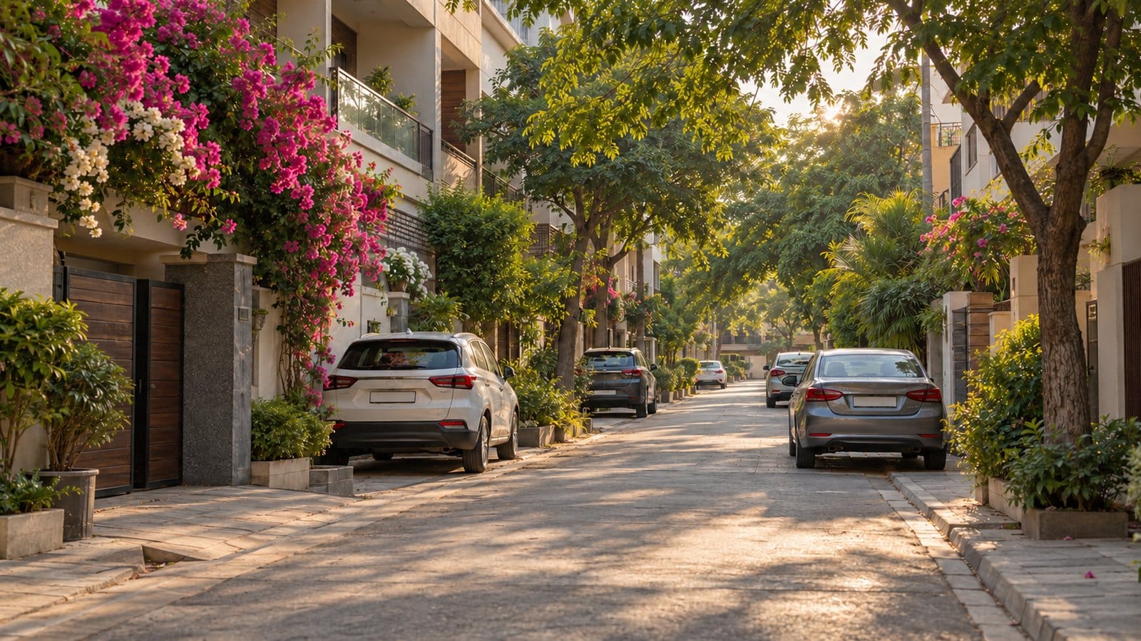 A quiet tree-lined lane of low-rise houses with flowering creepers and parked cars in late afternoon light