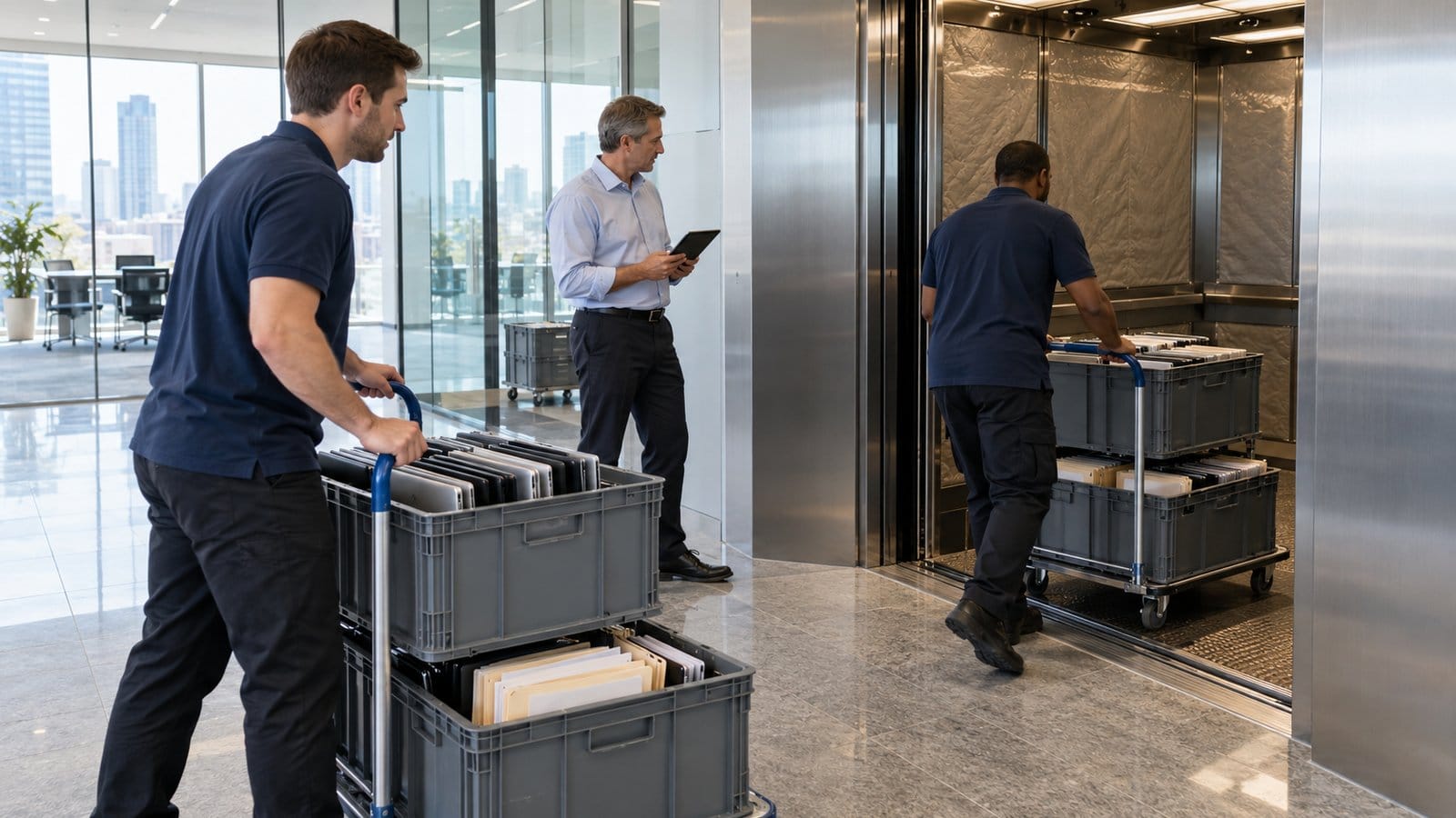 Movers wheel crates of office files out of a lift in a glass office lobby