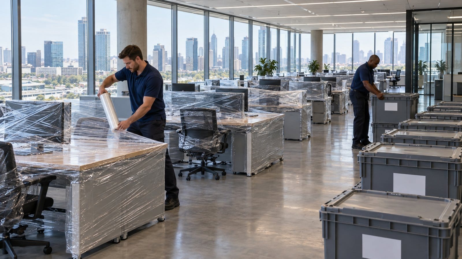 An open-plan office floor with desks wrapped in film and crates lined up, movers at work on a weekend