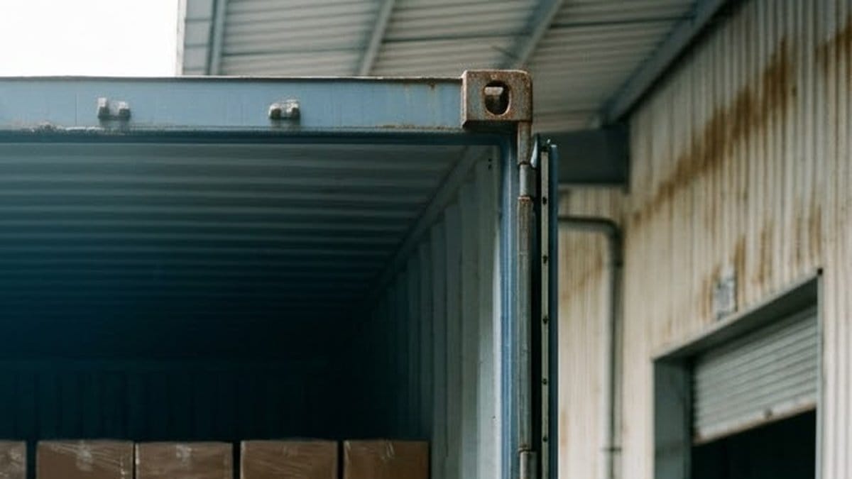 The open end of a steel shipping container with taped cartons stacked inside, parked beside a factory shed with a rolling shutter