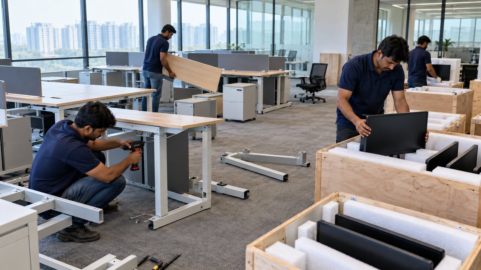 Movers dismantle workstations and pack monitors into crates in an emptied office on a weekend