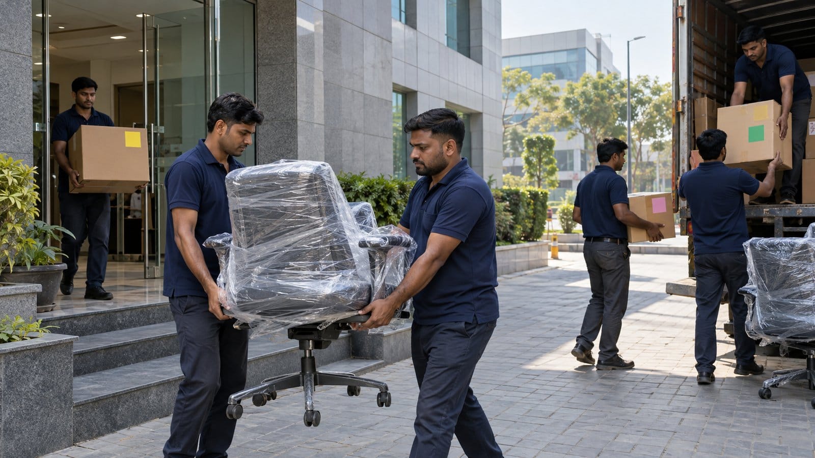 Movers carry wrapped office chairs and labelled crates out of an office building on a weekend morning