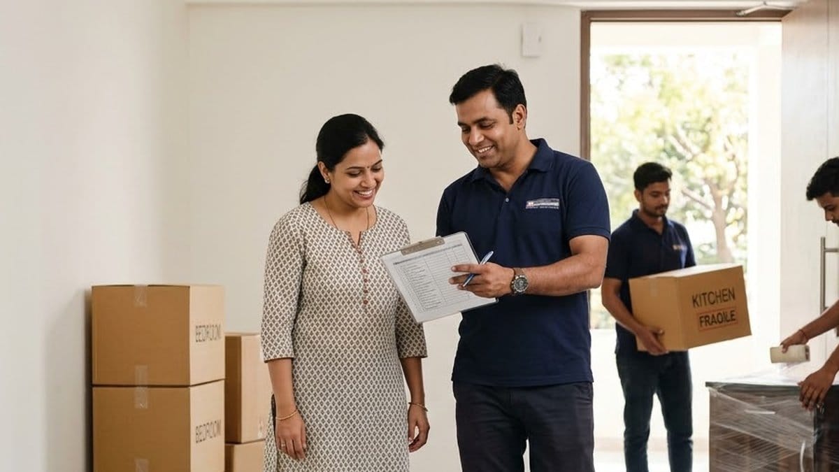 A moving supervisor in a navy polo shirt goes over a written plan on a clipboard with a smiling woman, while a packer carries a carton marked Kitchen and Fragile behind them
