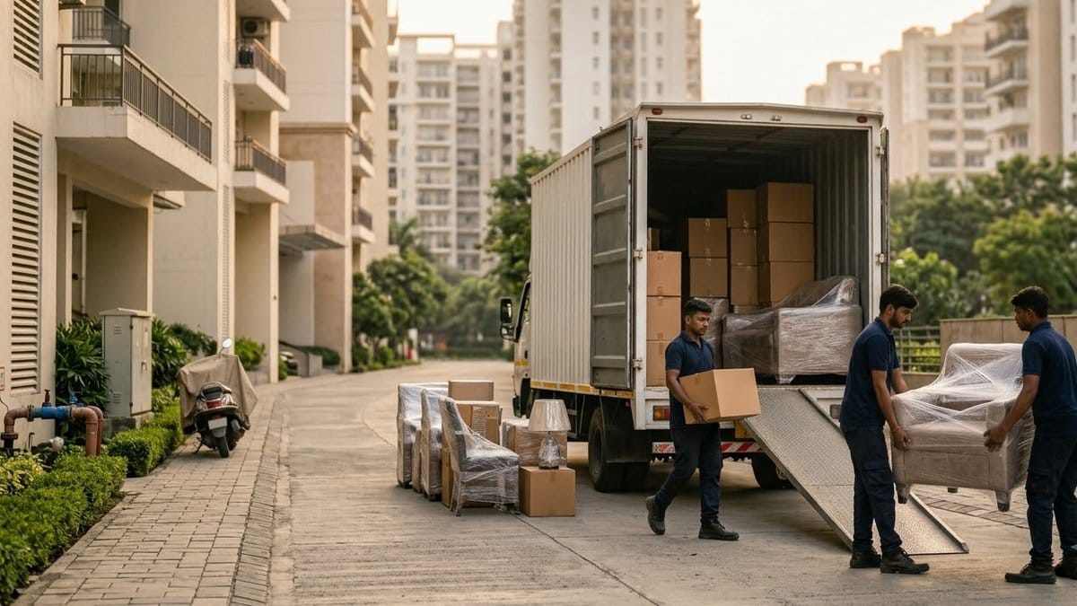 Three movers loading cartons and a plastic-wrapped armchair up a ramp into a truck parked outside apartment towers