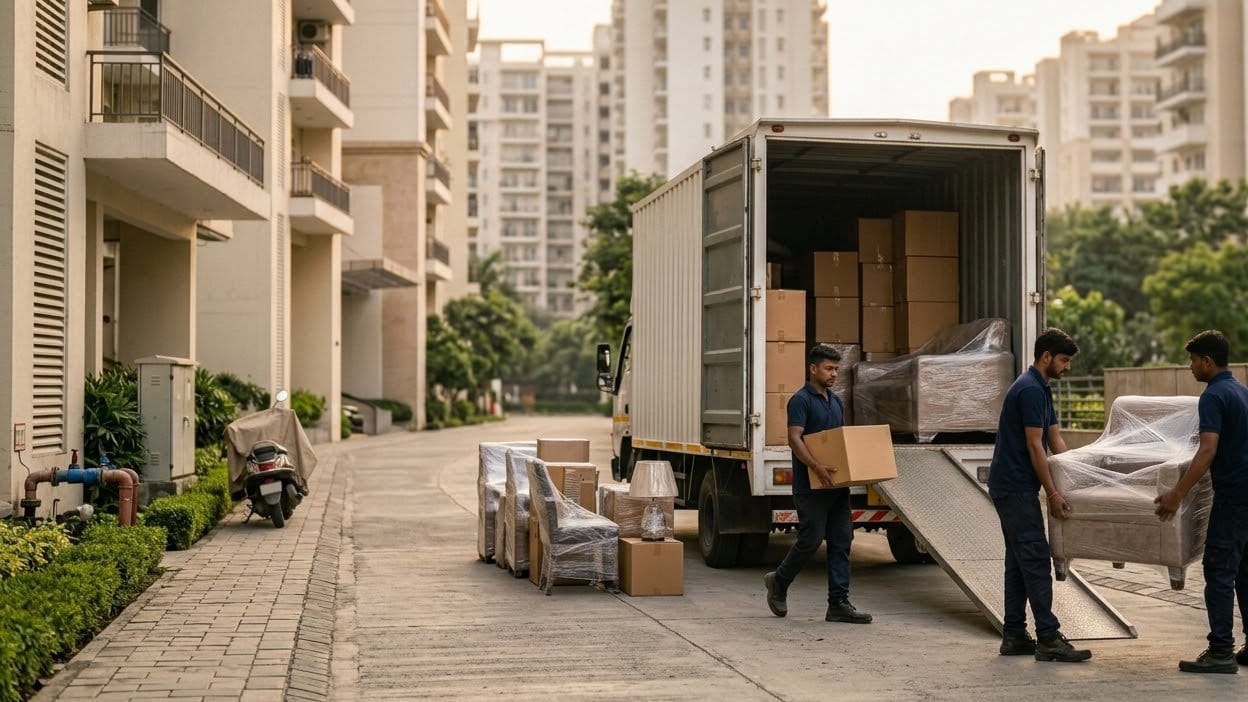 Three movers in navy uniforms load cartons and film-wrapped armchairs up a ramp into a truck parked on a paved lane between residential towers