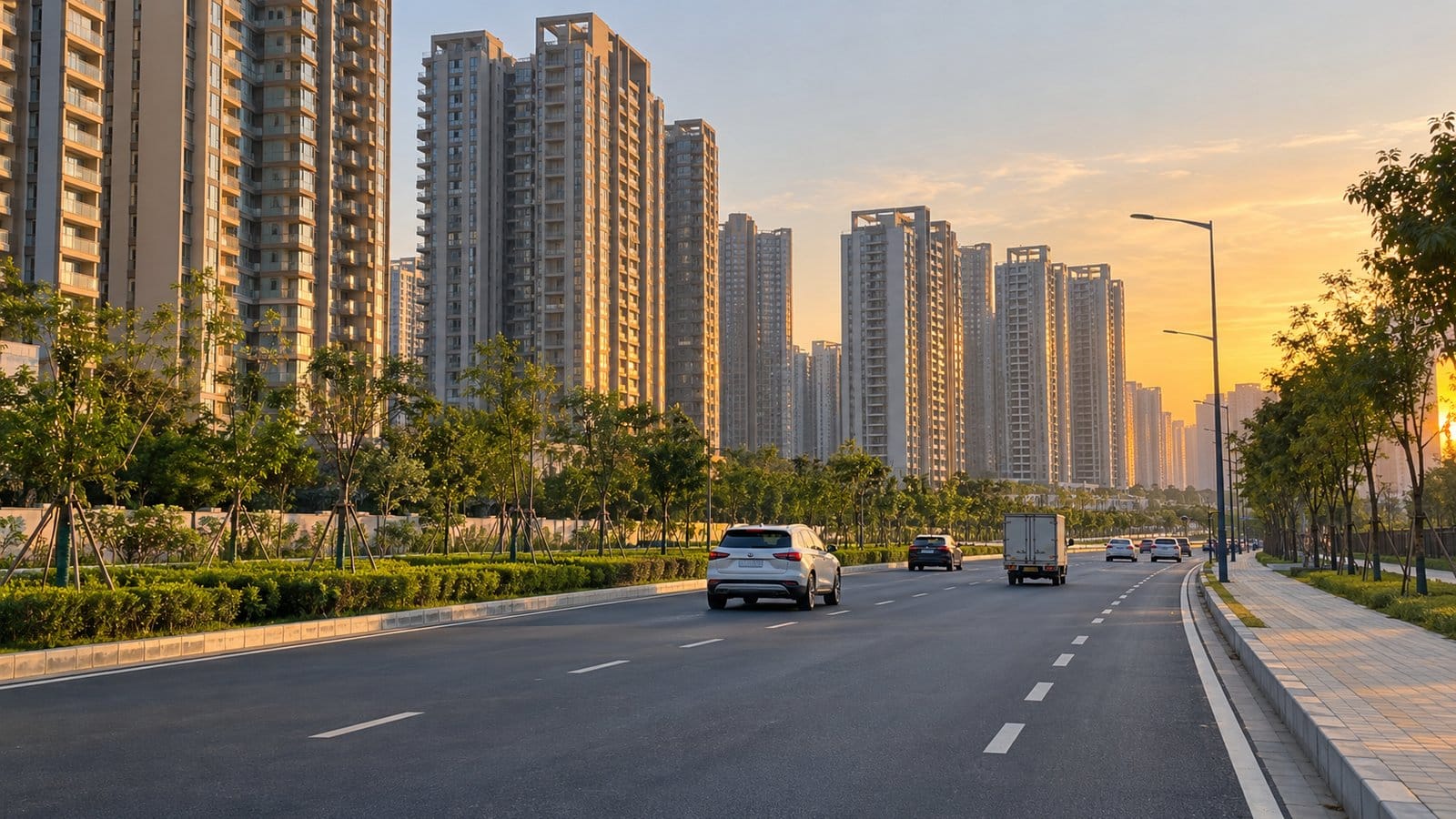A wide road lined with tall residential towers and young trees in evening light