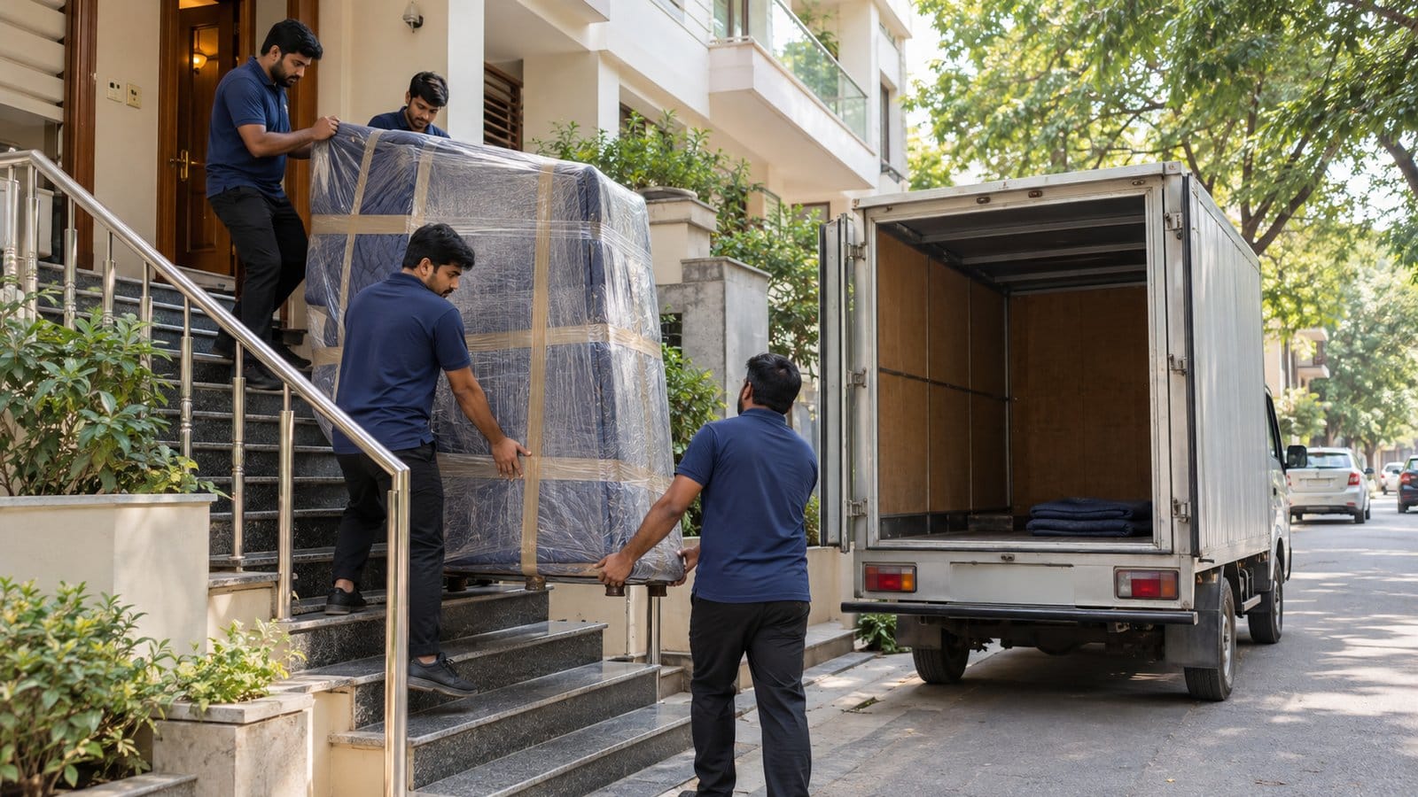 Movers carry a wrapped wardrobe down the steps of a builder-floor house to a closed truck on a tree-lined lane
