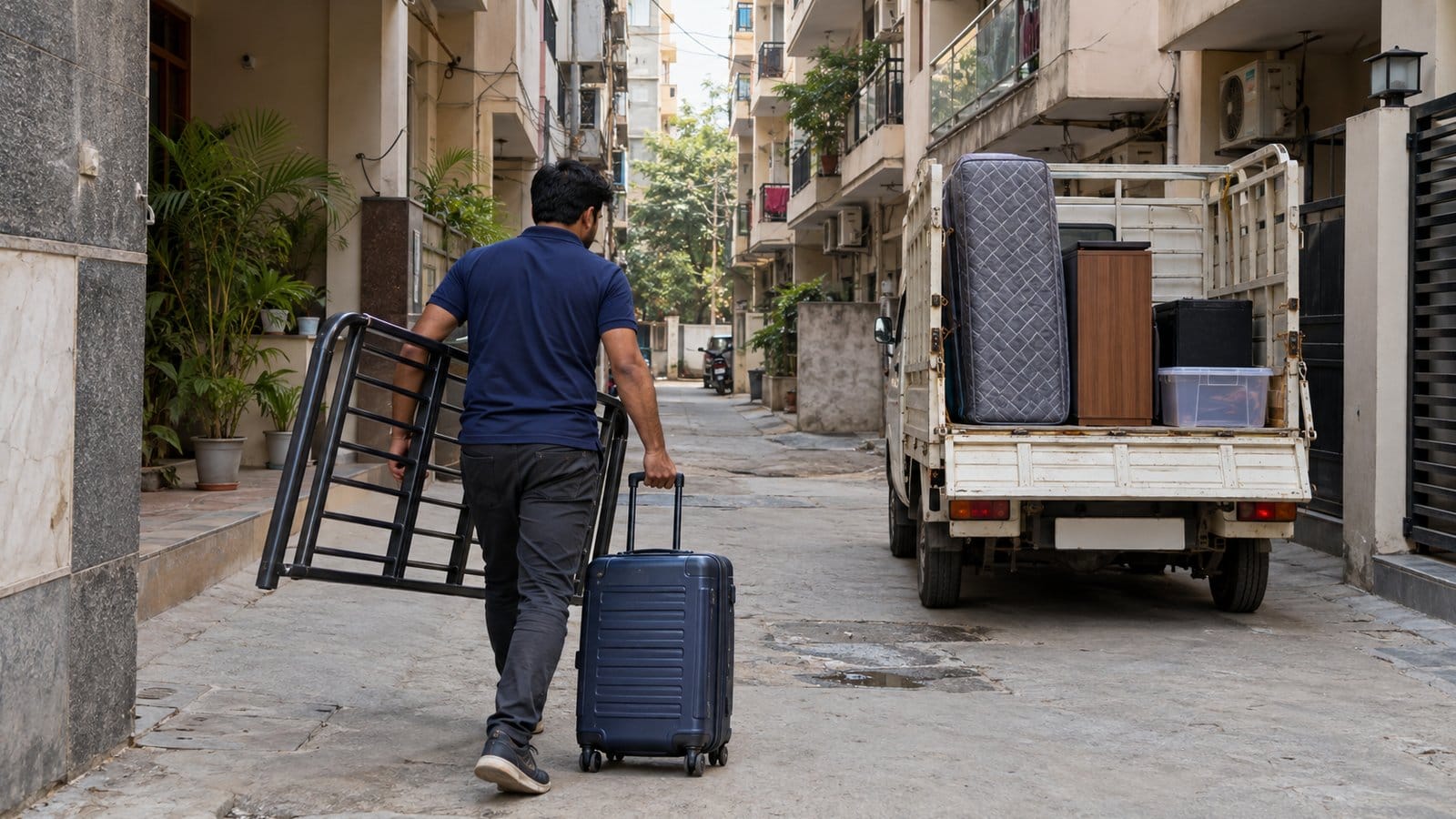 A mover carries a bed frame and a suitcase out of a narrow lane of multi-storey buildings to a pickup van