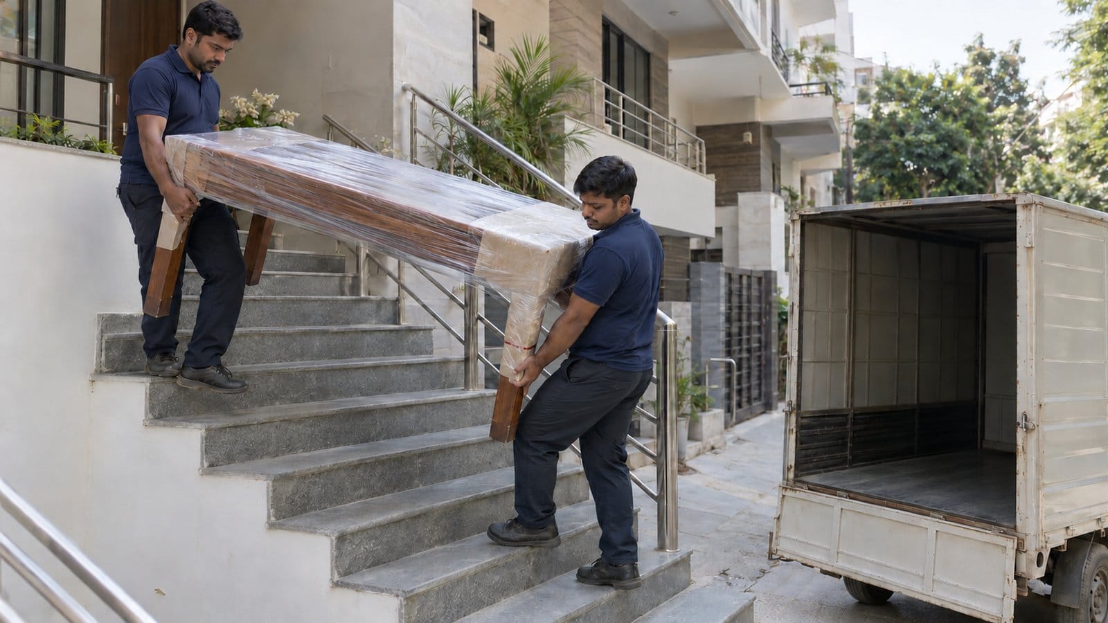 Two movers carry a wrapped sofa down outdoor stairs towards a small truck