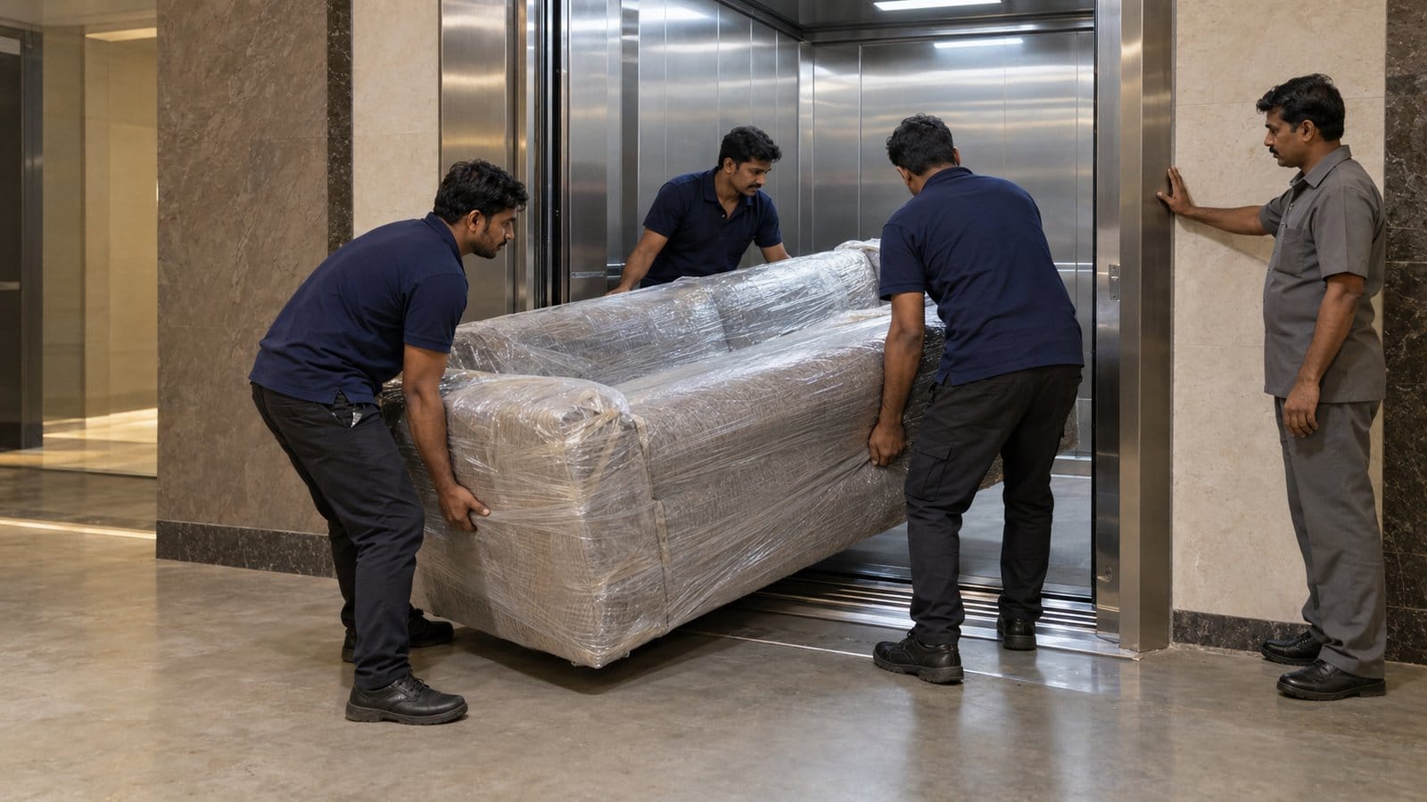 Movers load a large wrapped sofa into a service lift in a residential tower basement