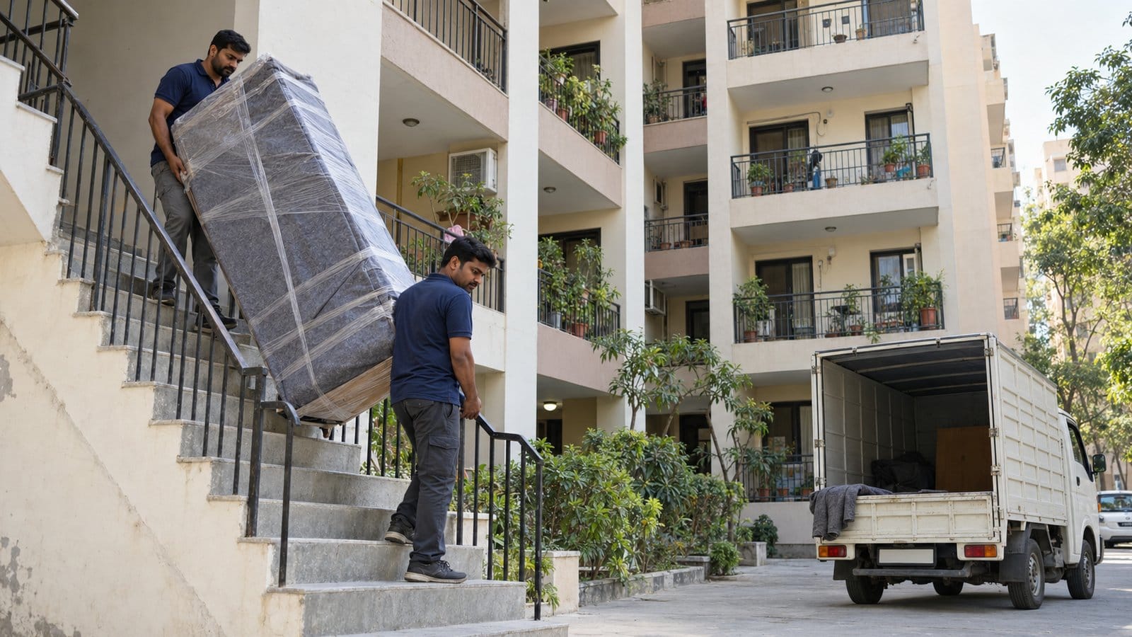 Two movers carry a wrapped wardrobe panel down an outdoor staircase towards a mini truck