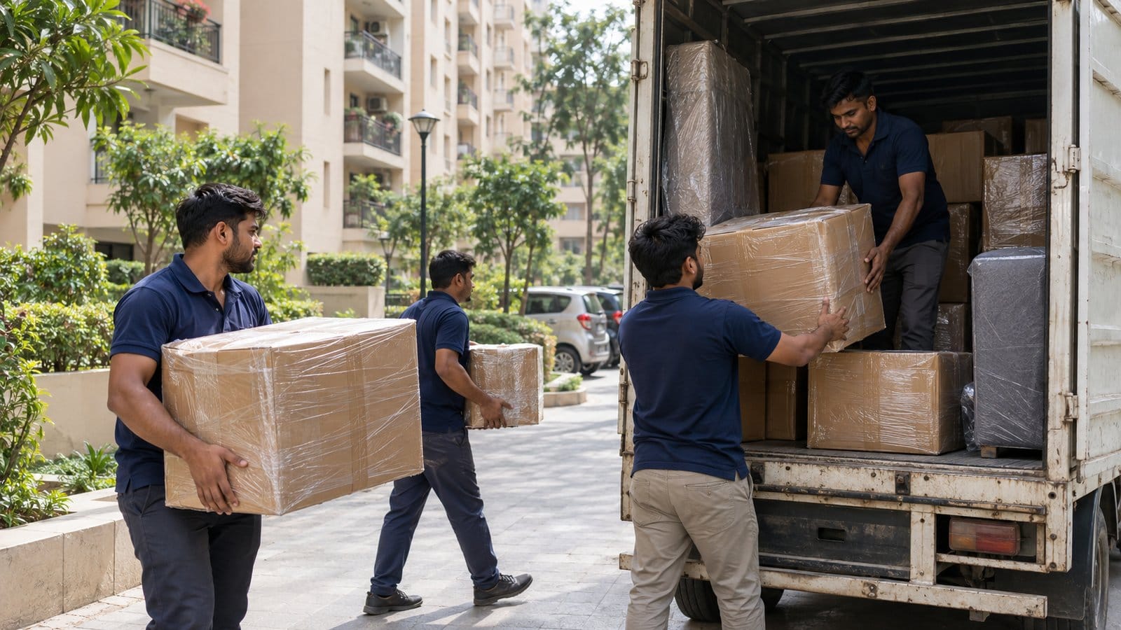 Movers load wrapped cartons into a small goods vehicle on the internal road of a housing society