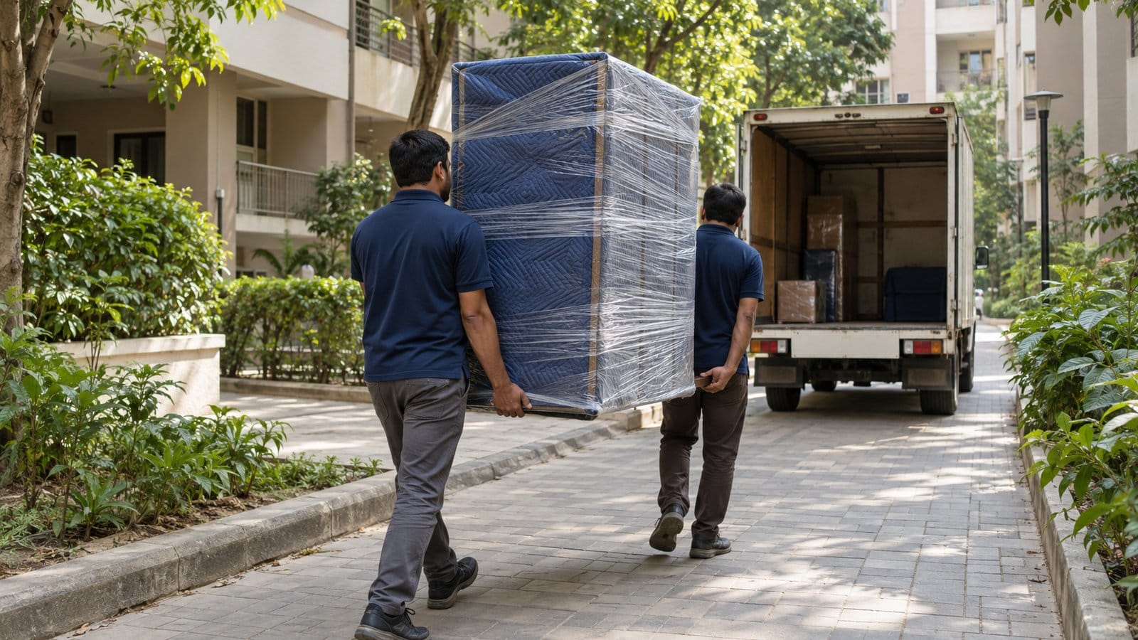 Two movers carry a wrapped cupboard along a shaded path between apartment blocks to a small truck
