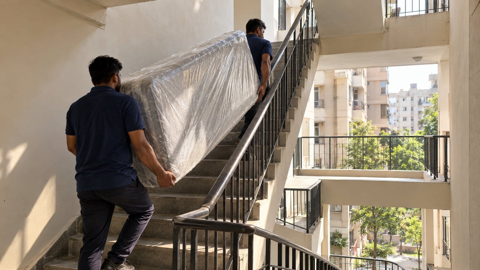 A mover carries a wrapped mattress up the open stairwell of an apartment block