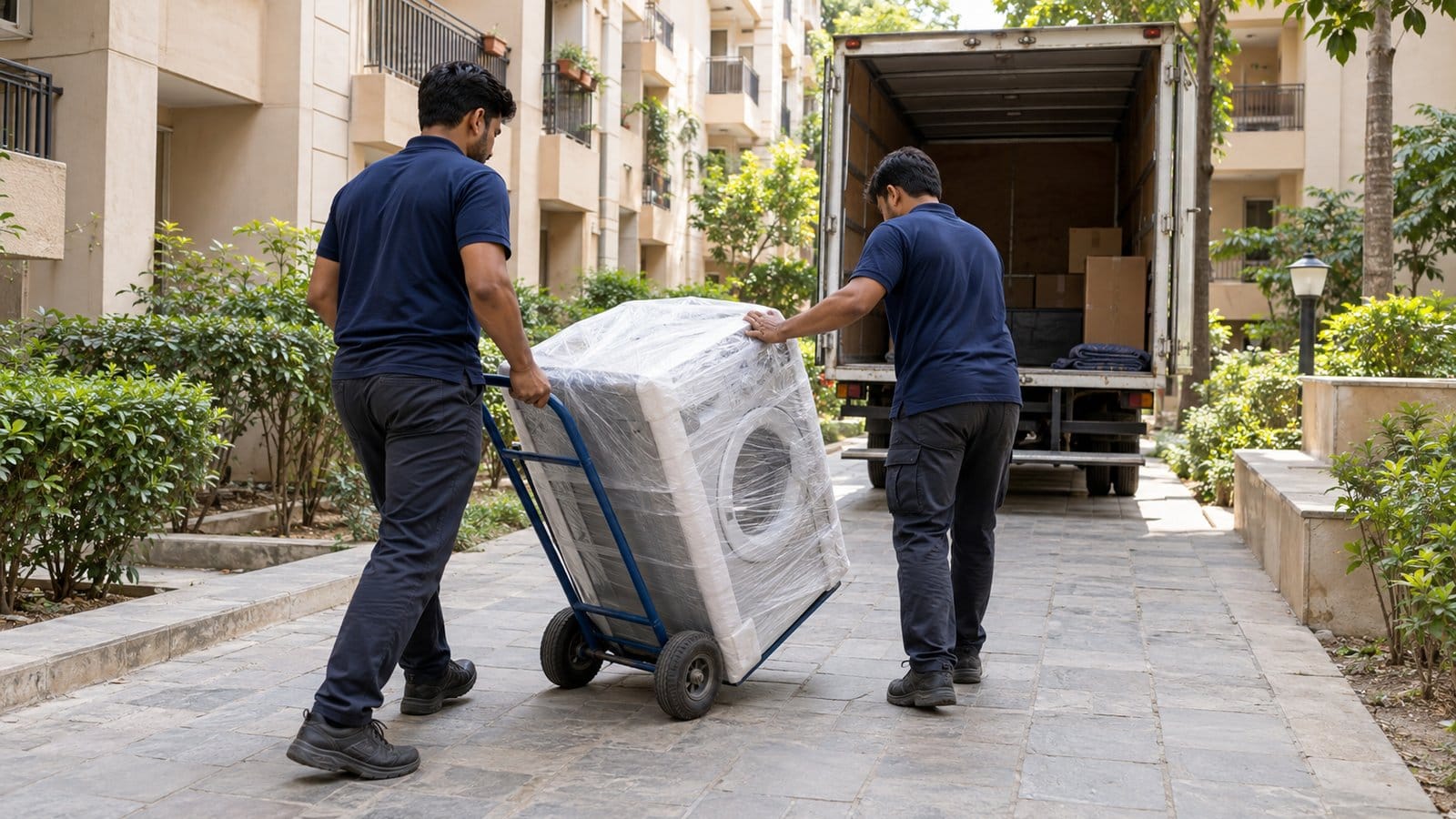 Two movers wheel a wrapped washing machine on a dolly between low-rise apartment blocks to a truck