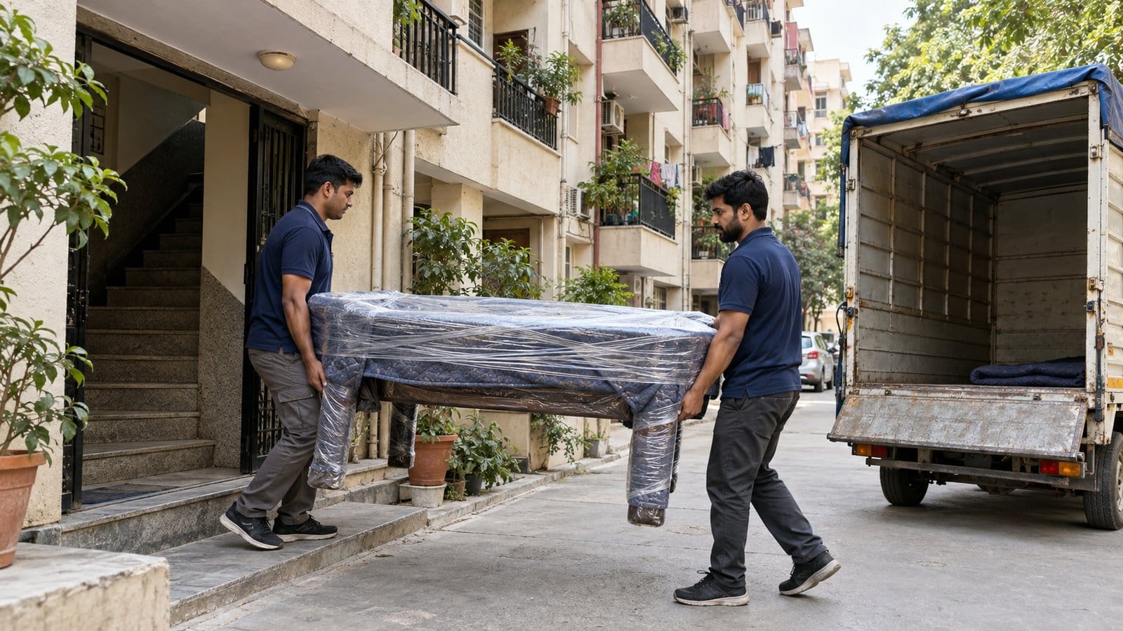 Two movers carry a wrapped table from a walk-up apartment stairwell to a small goods vehicle