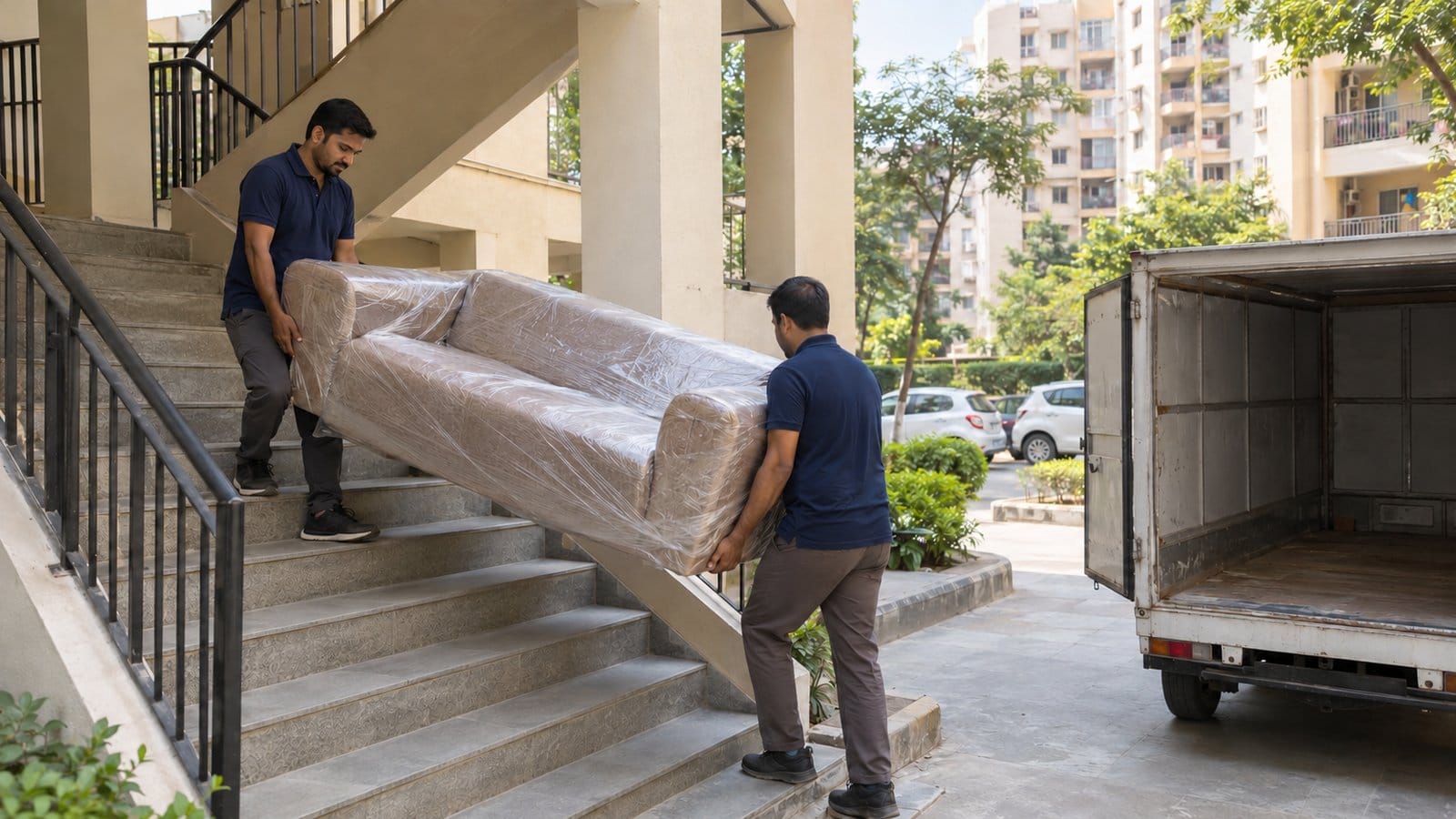 Two movers carry a wrapped sofa down the open stairs of an apartment block to a small truck