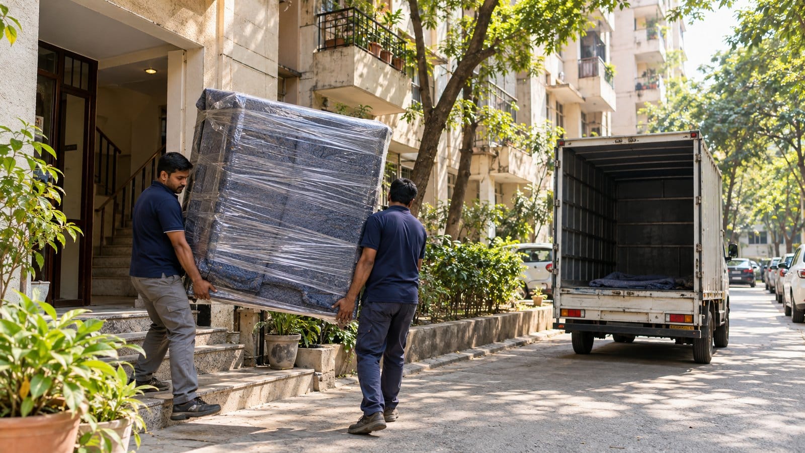 Two movers carry a wrapped wardrobe from a mid-rise apartment block to a small truck in a leafy lane