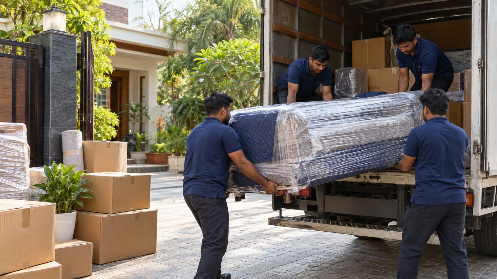 Movers load a wrapped sofa and cartons into a small truck outside a house with a gate and garden