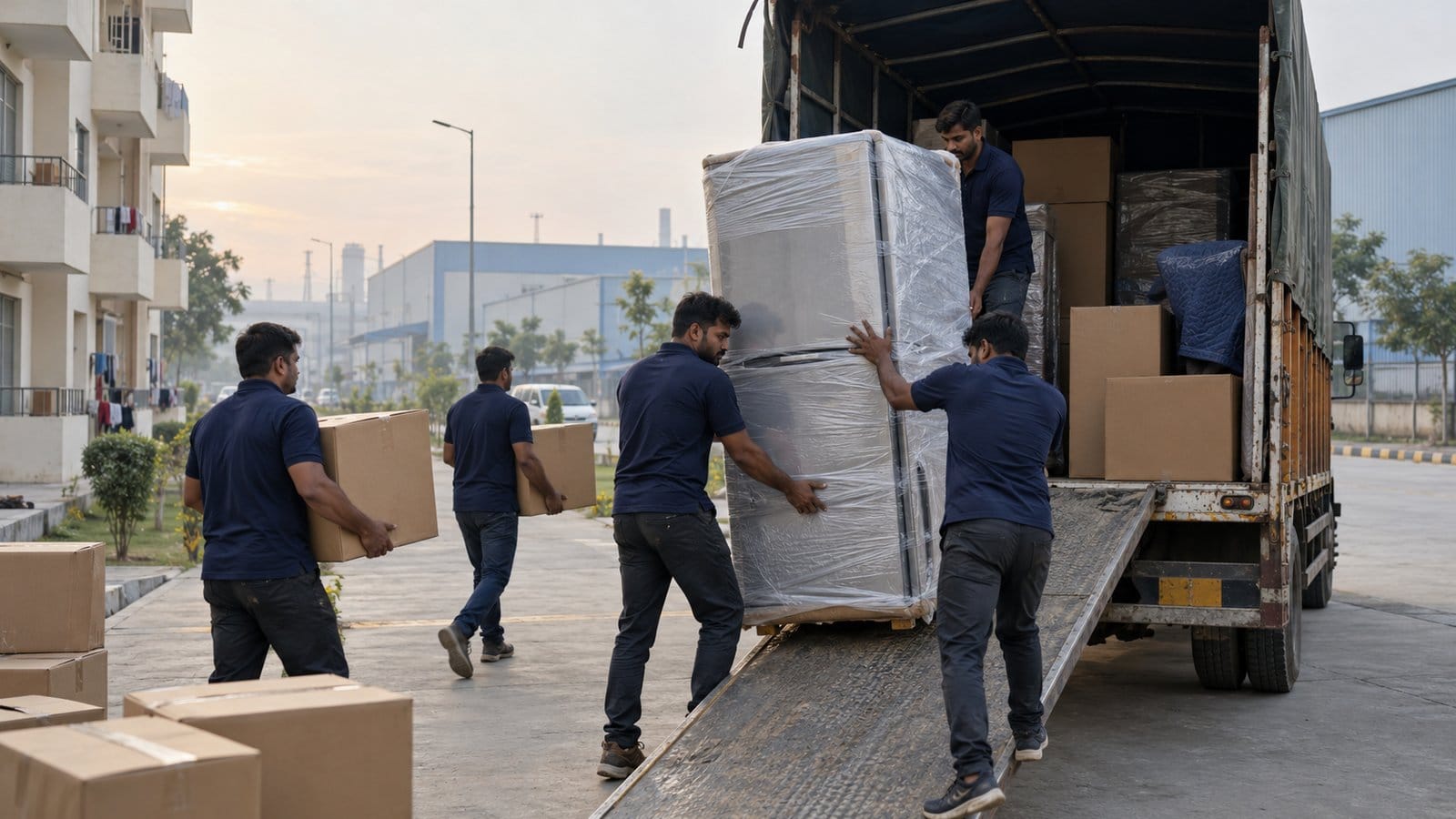 Movers load cartons and a wrapped fridge into a covered truck outside a staff-housing block near factory sheds