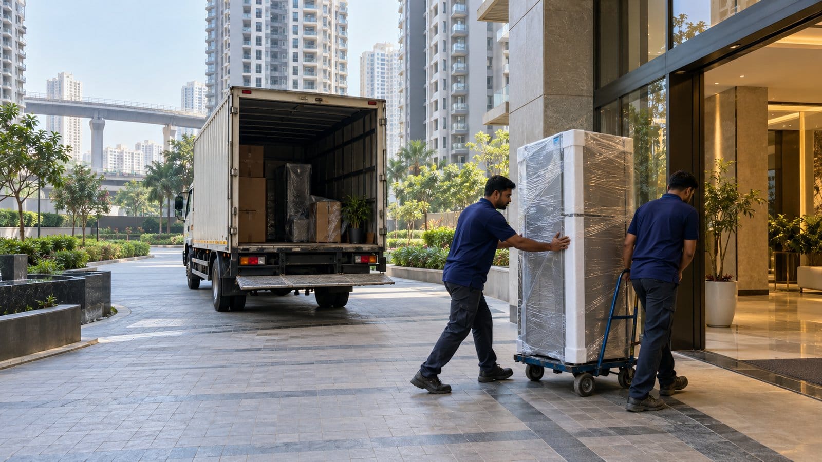 Movers wheel a wrapped fridge on a trolley from a truck to a tower lobby, an elevated road behind